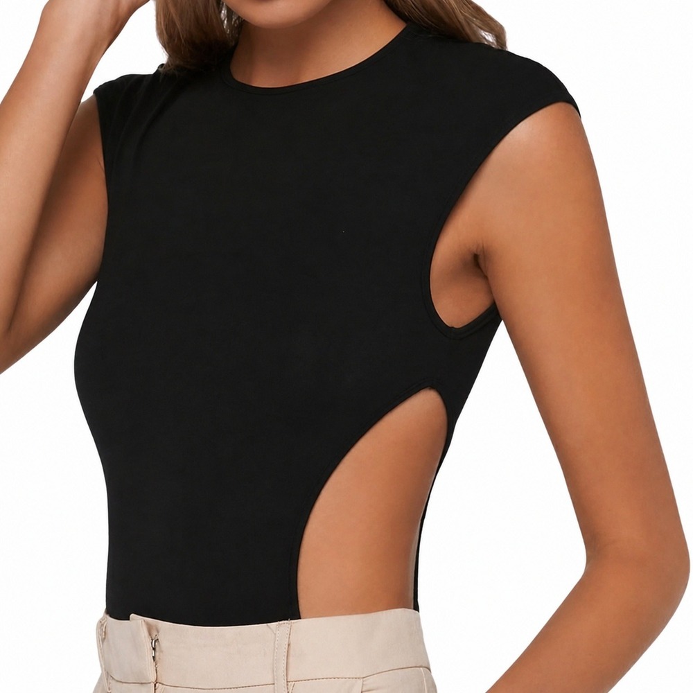 Black Cutout Sleeveless Bodice Crew Neck High Cut Bodysuit XL - Picture 1 of 9